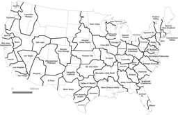 A map of the US, dividing every city and the sprawl that commute to it