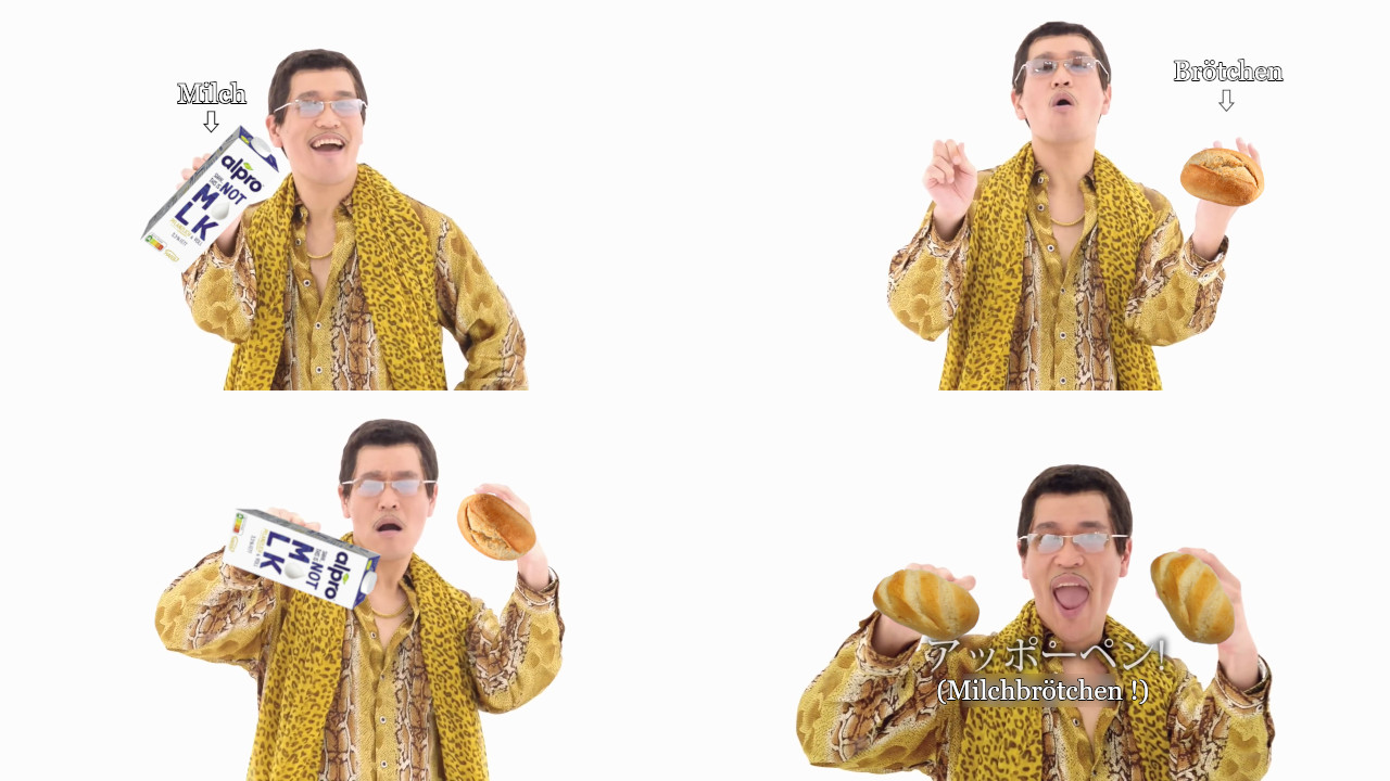 Ein Bild mit vier Panelen im 2x2 Format. Auf den Bildern sind Ausschnitte aus dem Musikvideo "PPAP (Pen-Pineapple-Apple-Pen)" zu sehen mit dem ulkigen Japaner. 1. Bild: Er hält Milch hoch (zu sehen ist eine Alpro-Not-Milk-Packung) darauf zeigt ein Pfeil von oben wo "Milch" dransteht. 2. Bild: Er hält ein Brötchen hoch worauf ein Pfeil mit dem Text "Brötchen" zeigt. 3. Bild: Er hält links die Milch und rechts das Brötchen hoch. 4. Bild: Er hält zwei Milchbrötchen hoch. Darunter der Text "Milchbrötchen!".