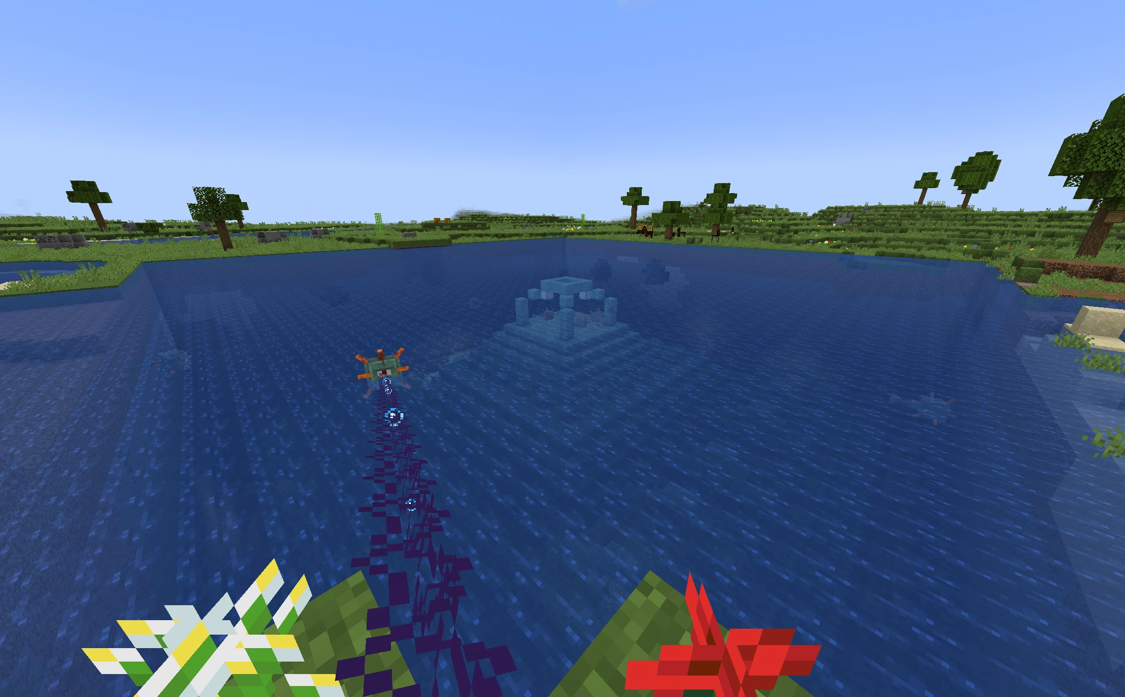 A Minecraft screenshot where we see an ocean monument unnaturally generated in the middle of a Plains biome. Within the biome, there is a big cube of water that contains the monument.