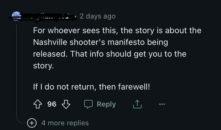 screenshot of a reddit comment explaining that the story is about some shooter's manifesto being released