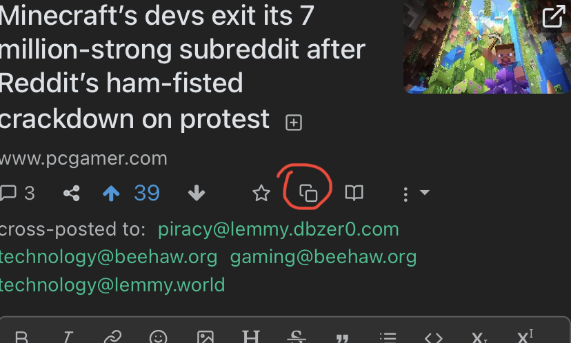 screenshot of the lemmy interface with the icon for cross posting circled
