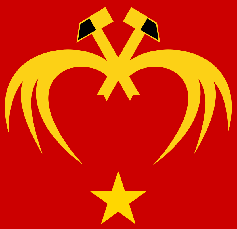 The original flag; but the wings are flipped vertically and the hammer-and-eye-s have moved up. The star has flipped positions.