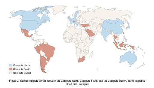 Map showing Global compute divide between the Compute North, Compute South, and the Compute Desert, based on public cloud GPU compute