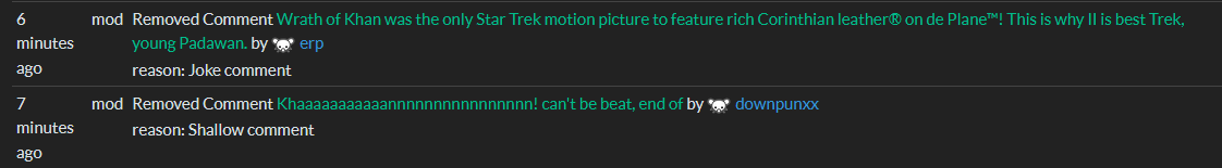 two modlog removals of comments, one for "Joke comment" and the other for "Shallow comment"