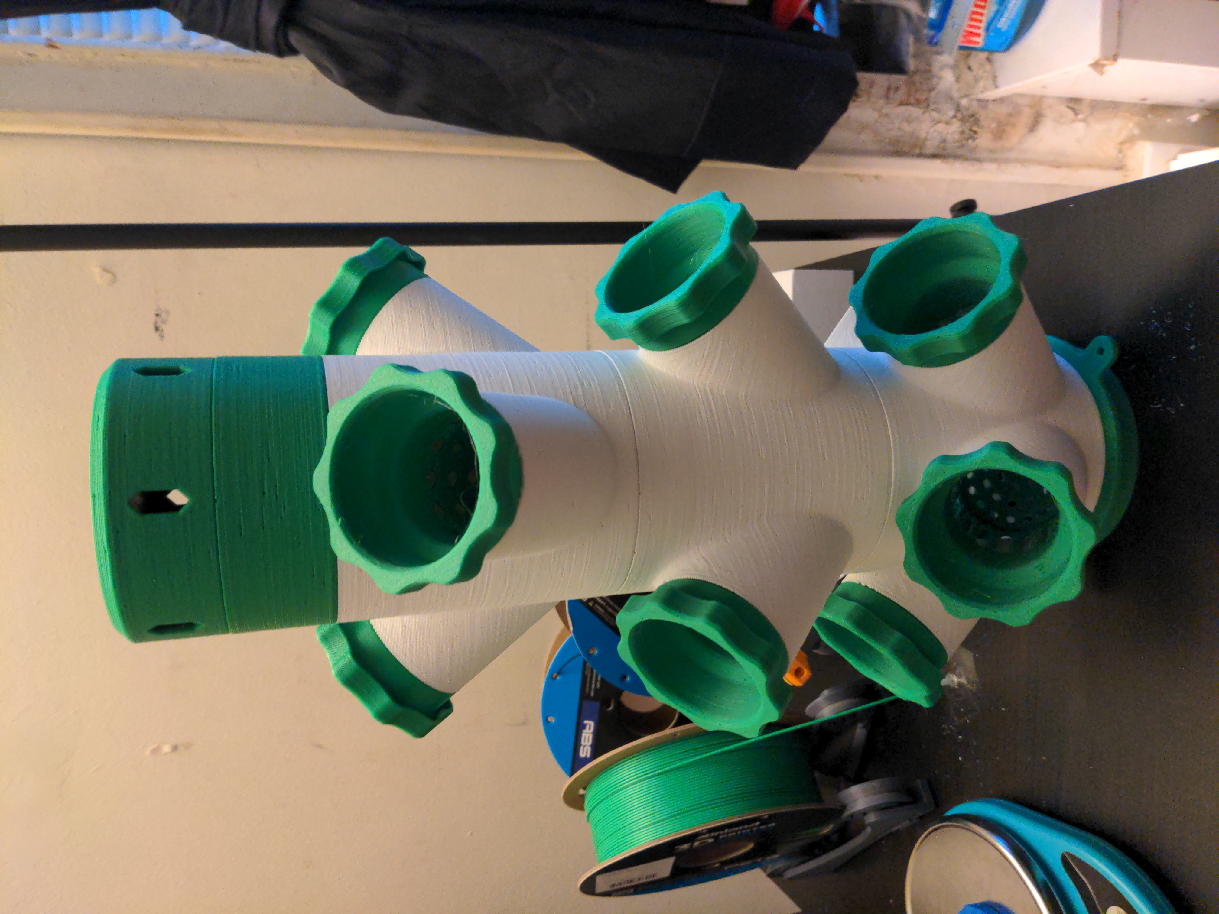An assembled three story modular hydroponic gardening system, all 3D printed.