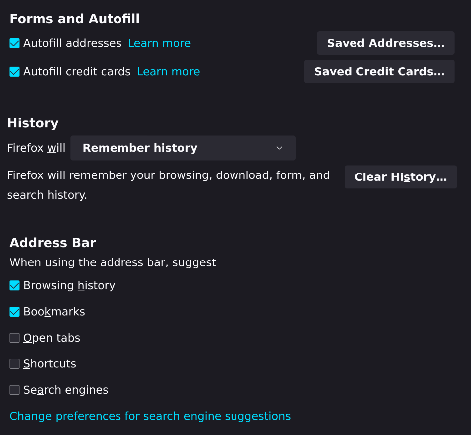 screenshot of the settings page