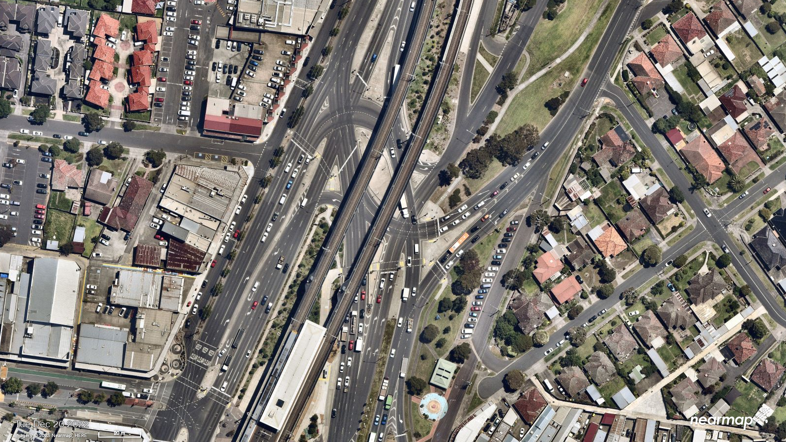 Vertical aerial photo of the current road intersection layout around Reservoir railway station