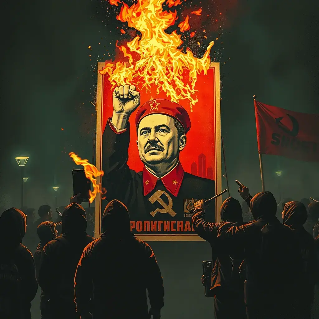 Actual Existing Socialism, a Soviet propaganda poster being set on fire by black bloc anarchists, cyberpunk splash art