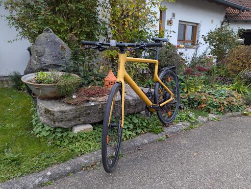 Ein goldenes Fitnessbike in Szene gesetzt. Fabrikat Urwahn. 