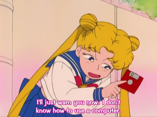 A character from Sailor Moon holding a floppy disk with the text on the bottom saying "I'll just warn you now, I don't know how to use a computer."