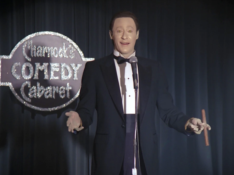 picture of Lt. Commander Data doing standup comedy