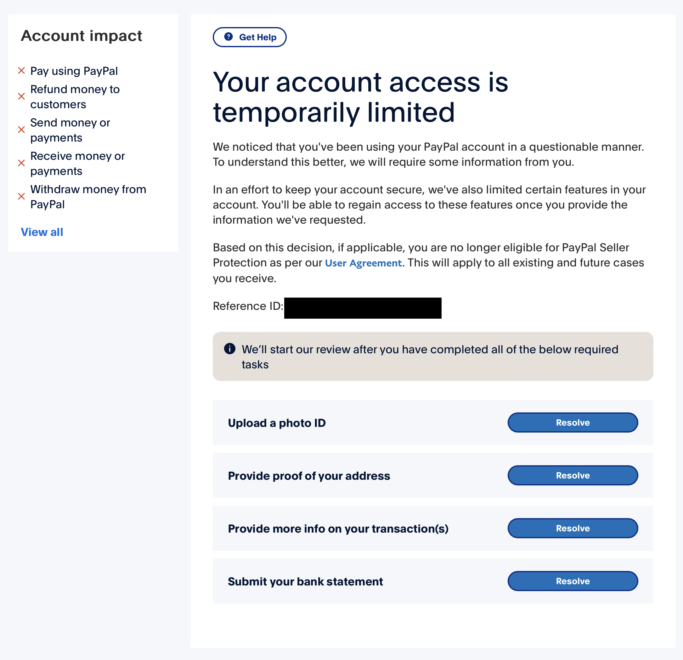 PayPal screen asking for detailed personal information, including bank records