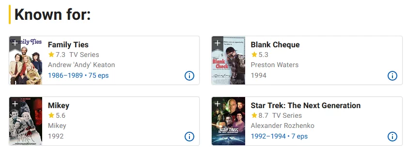 Screenshot of Brian Bonsall's IMDB page showing he's known for Family Ties and Star Trek TNG