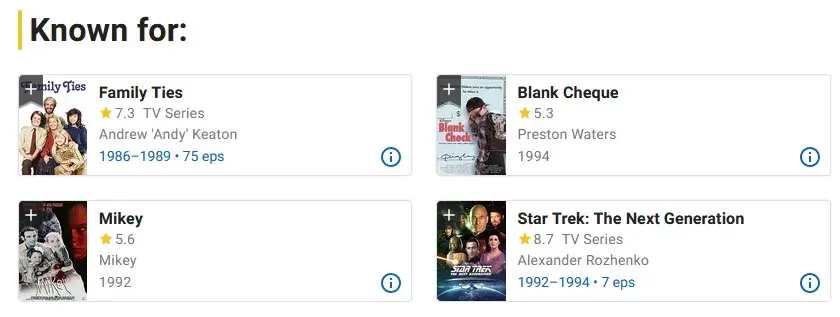 Screenshot of Brian Bonsall&#39;s IMDB page showing he&#39;s known for Family Ties and Star Trek TNG