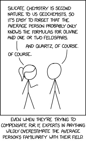 xkcd comic titled Average Familiarity, saying "Even when they're trying to compensate for it, experts in anything wildly overestimate average person's familiarity with their field"