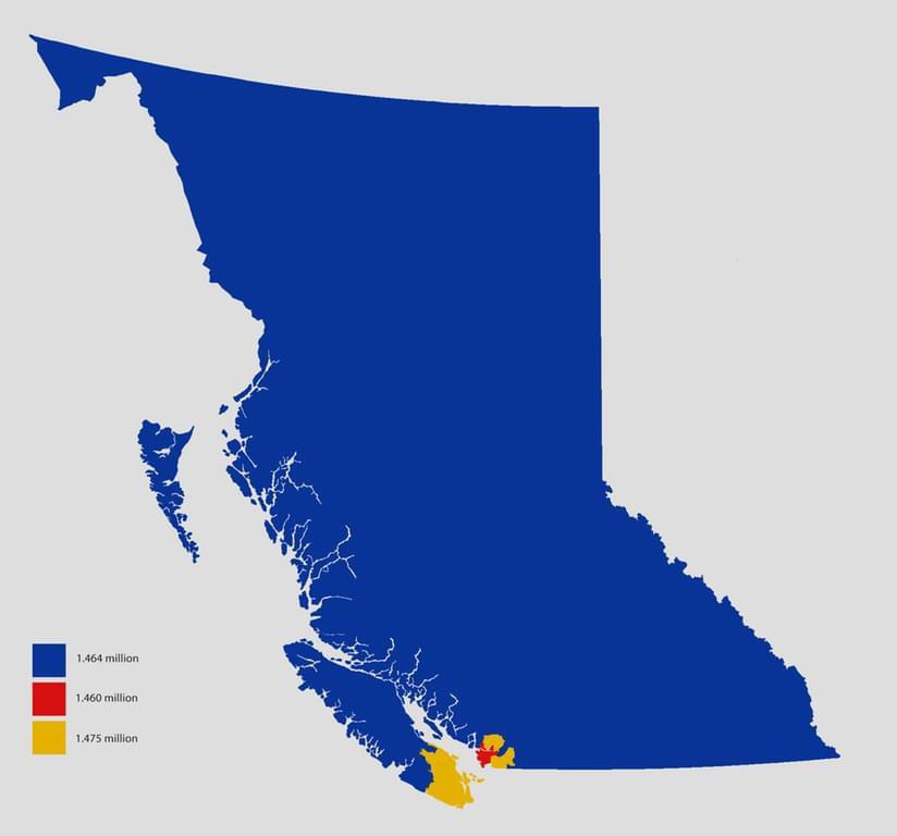 British Columbia, Canada split into 3 areas of equal population