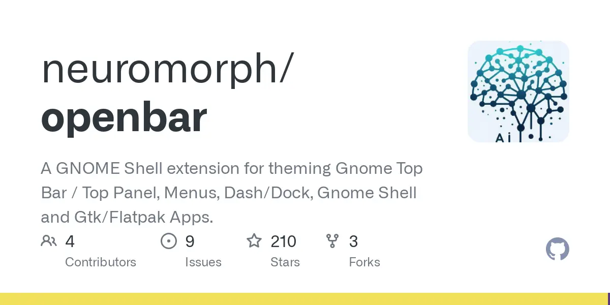 GitHub - neuromorph/openbar: A GNOME Shell extension for theming Gnome Top Bar / Top Panel, Menus, Dash/Dock, Gnome Shell and Gtk/Flatpak Apps.