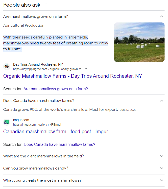 Google results showing funny disinformation around the existence of Marshmallow Farms