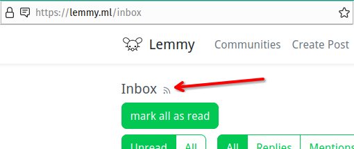 Screenshot of the account inbox, showing the RSS-button that leads to the broken feed.