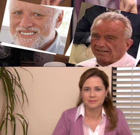 "they're the same picture" meme format with Pam from The Office, sans text. The two papers being compared show Hide the Pain Harold grimacing, and a crop of RFK Jr from OP's image