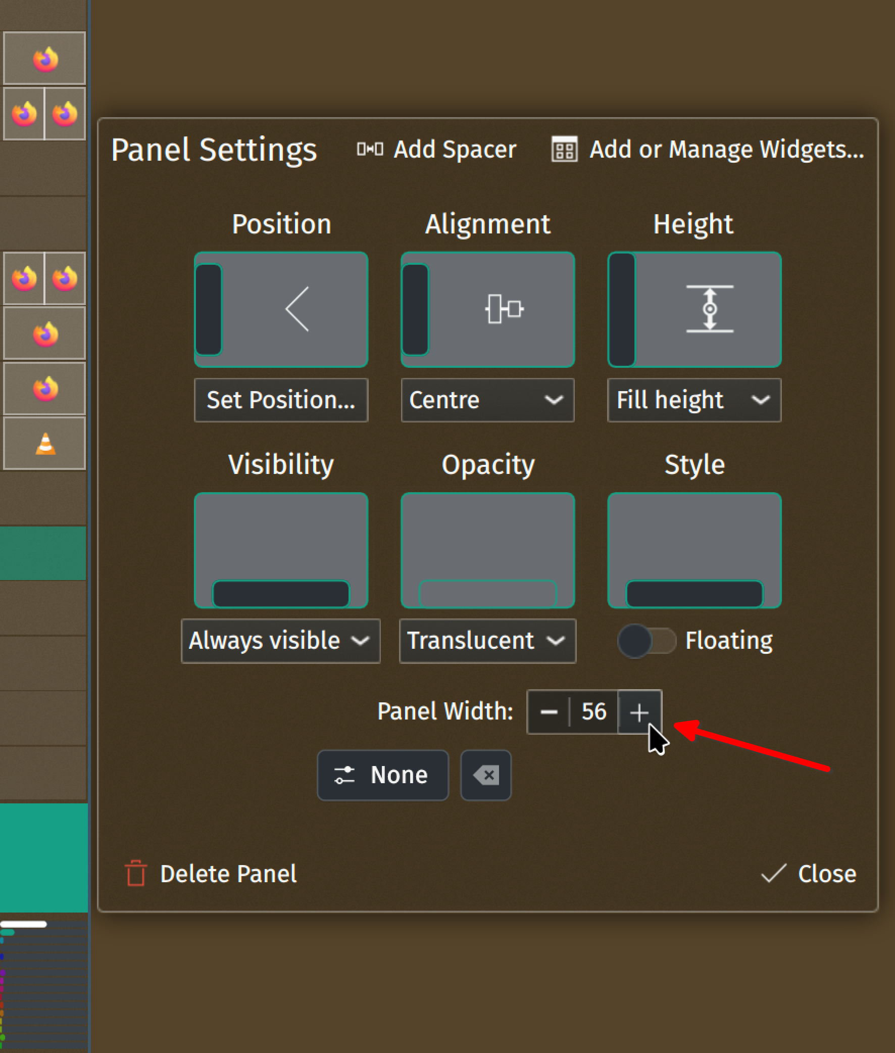 Screenshot showing how to edit the taskbar/panel size.