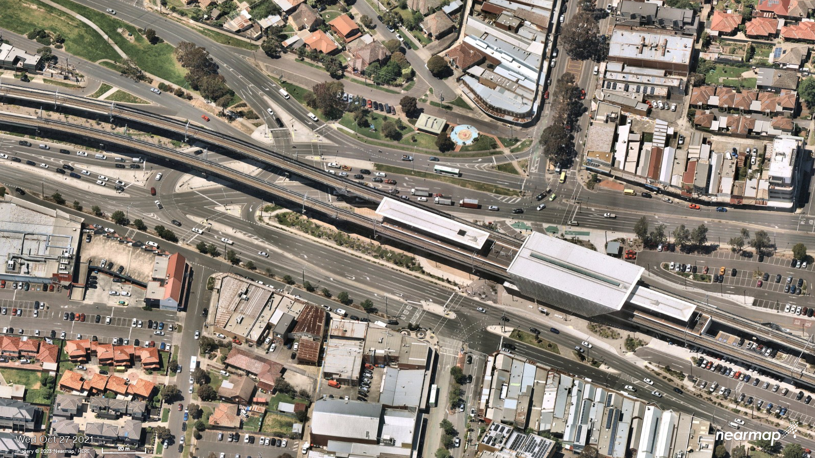 Oblique aerial photo of the current road intersection layout around Reservoir railway station