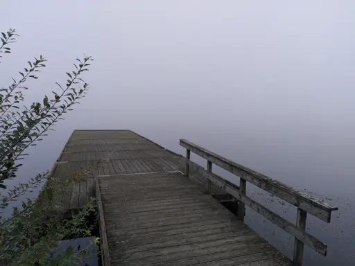 Billede af bådbro, som forsvinder ud i hvid intethed, da tågen ligger så tæt på søen.