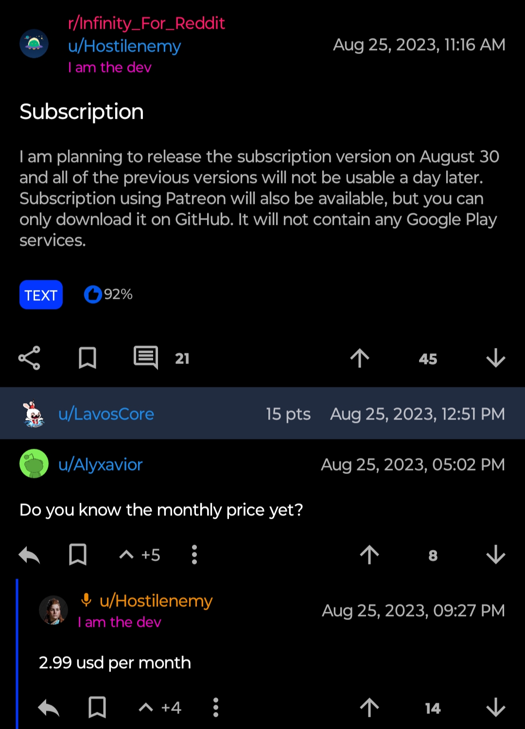 Screenshot from the official Infinity for Reddit subreddit, confirming the August 30th release date for the subscription, $2.99 per month