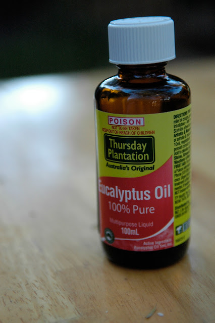 eucalyptus oil bottle, showing poison warning