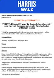 A media advisory from the Harris/Walz campaign team from August 15, 2024. The document is formatted like a press release and contains satirical or critical language directed at Donald Trump, the former President of the United States. The tone is mocking, with various jabs at Trump's behavior and political stances.