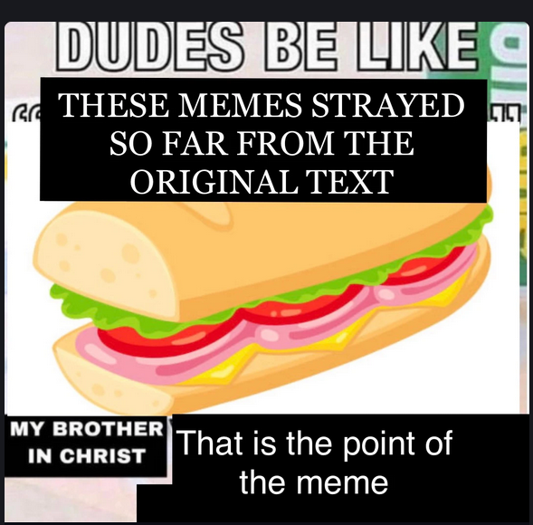 "dudes be like" meme format with text "dudes be like these memes strayed so far from the original text, my brother in christ, that is the point of the meme"