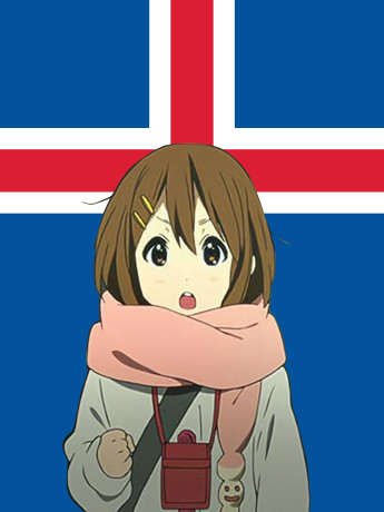 Yui Hirasawa from K-On wearing a scarf in front of a background of a vertical Icelandic flag.