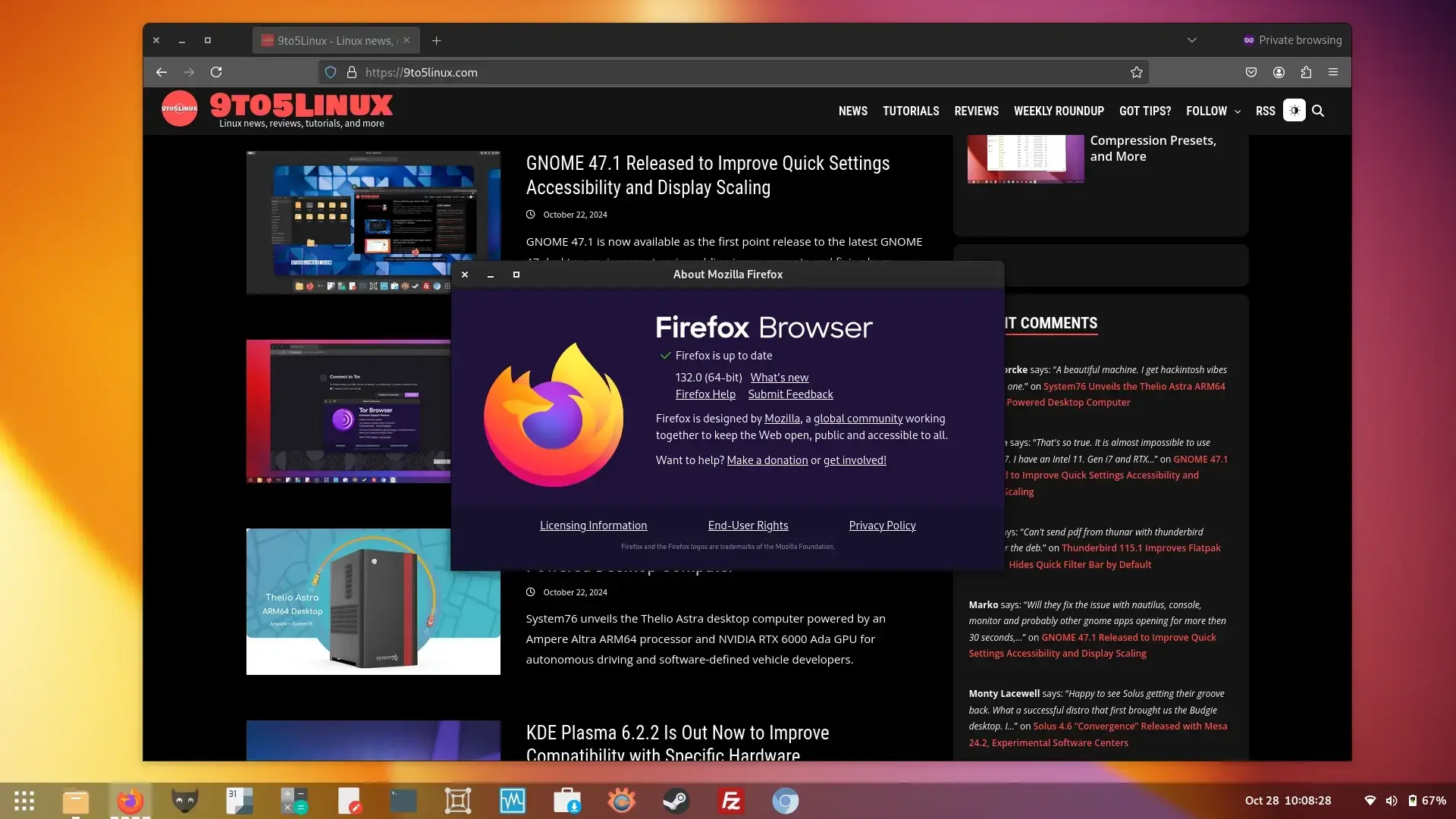 Screenshot of Mozilla Firefox 132 showing the main window while browsing the 9to5linux.com website and the About Mozilla Firefox dialog.