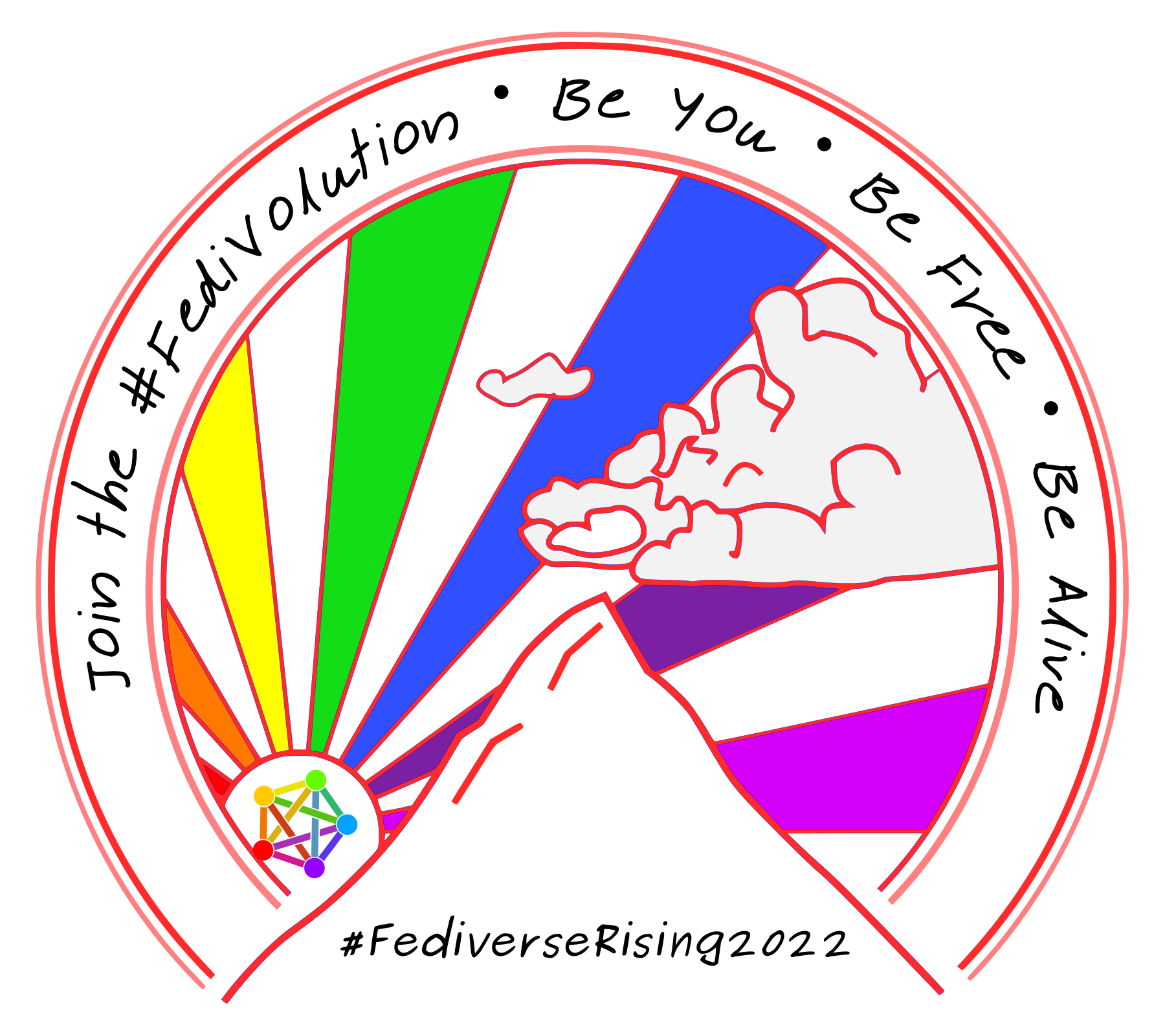#FediverseRising2022, Join the #Fedivolution, Be You, Be Free, Be Alive (Rainbow version)
