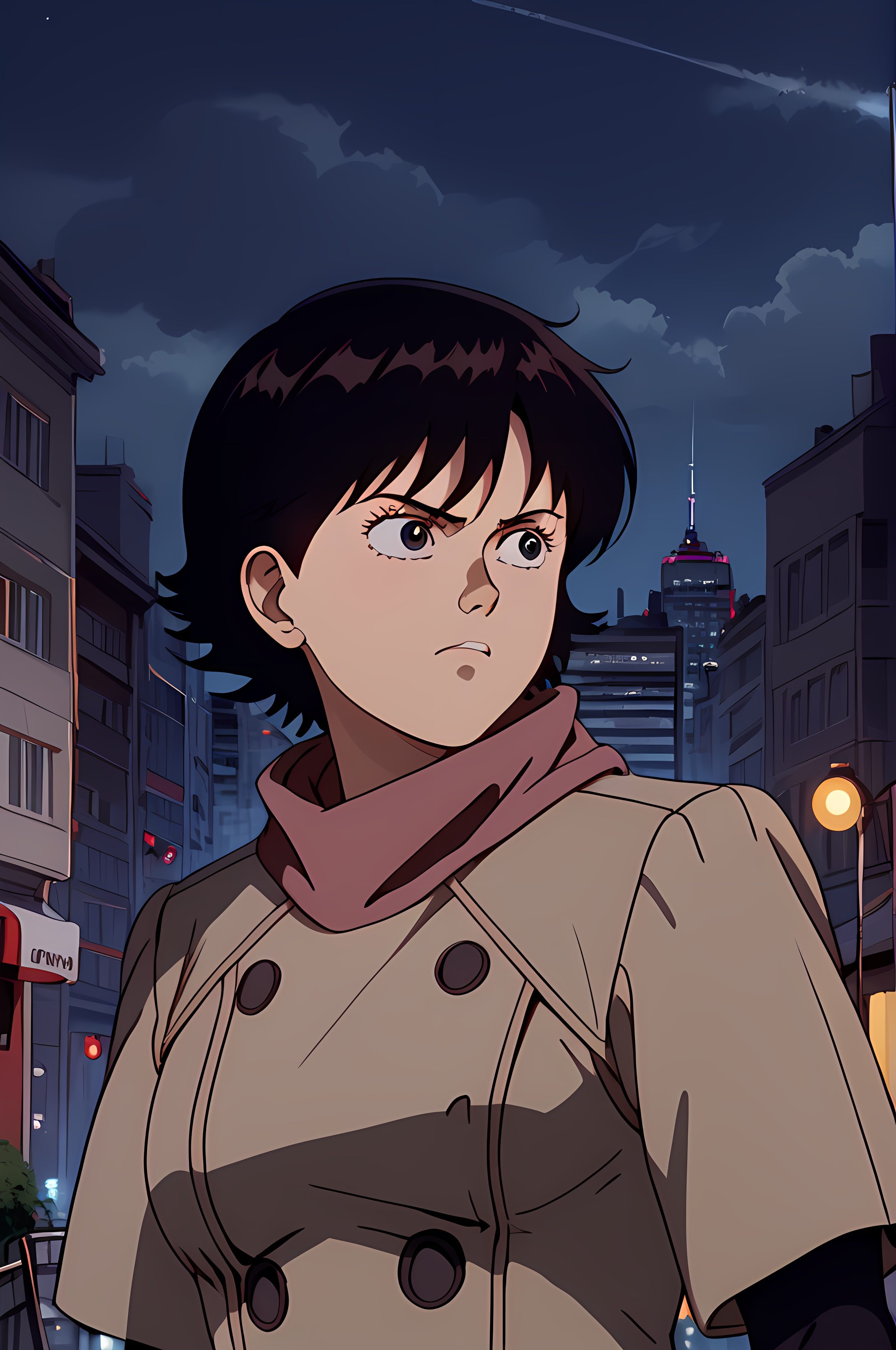 A young woman with brown eyes and short, black hair. She wears a beige trench coat with a high collar and large buttons. The background depicts a nighttime cityscape with tall buildings, streetlights, and a distant skyscraper with a red light at its top. The woman's expression is serious and focused.