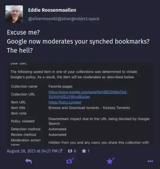 Google is now moderating user's bookmarks and removing them. - lemm.ee