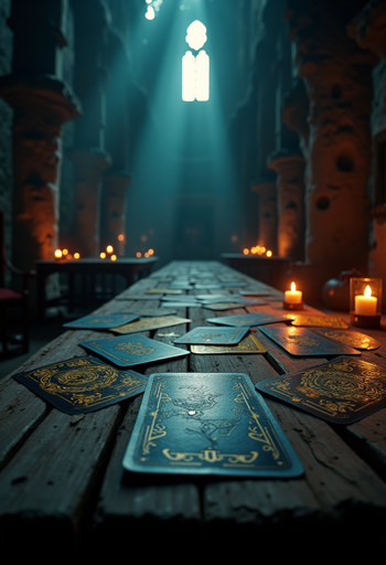 A long wooden table in a dimly lit, ancient-looking hall. The table is scattered with intricately designed cards, featuring ornate gold patterns on a dark background which are illuminated by several candles placed along the table. In the background, tall stone columns and a large, arched window allow beams of light to filter through, adding to the ethereal ambiance.