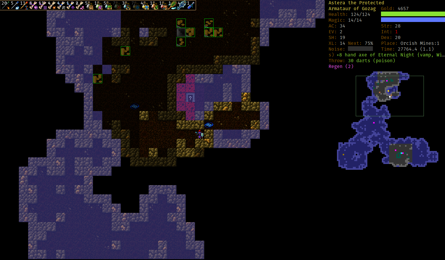 Screenshot of the game Dungeon Crawl Stone Soup showing a character at the entrance to a volcano level, but a visible teleport trap is on the only path there.