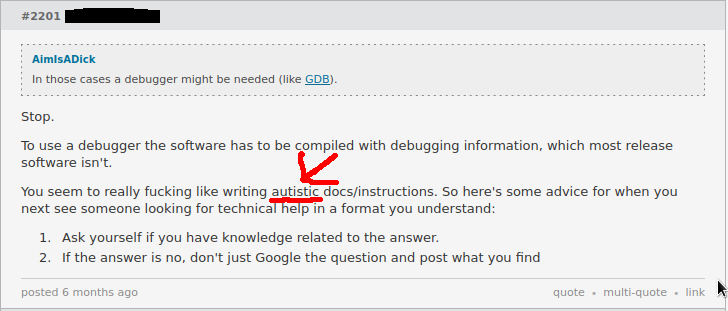 A reply that insults me with the word (highlighted by the red arrow) autistic.