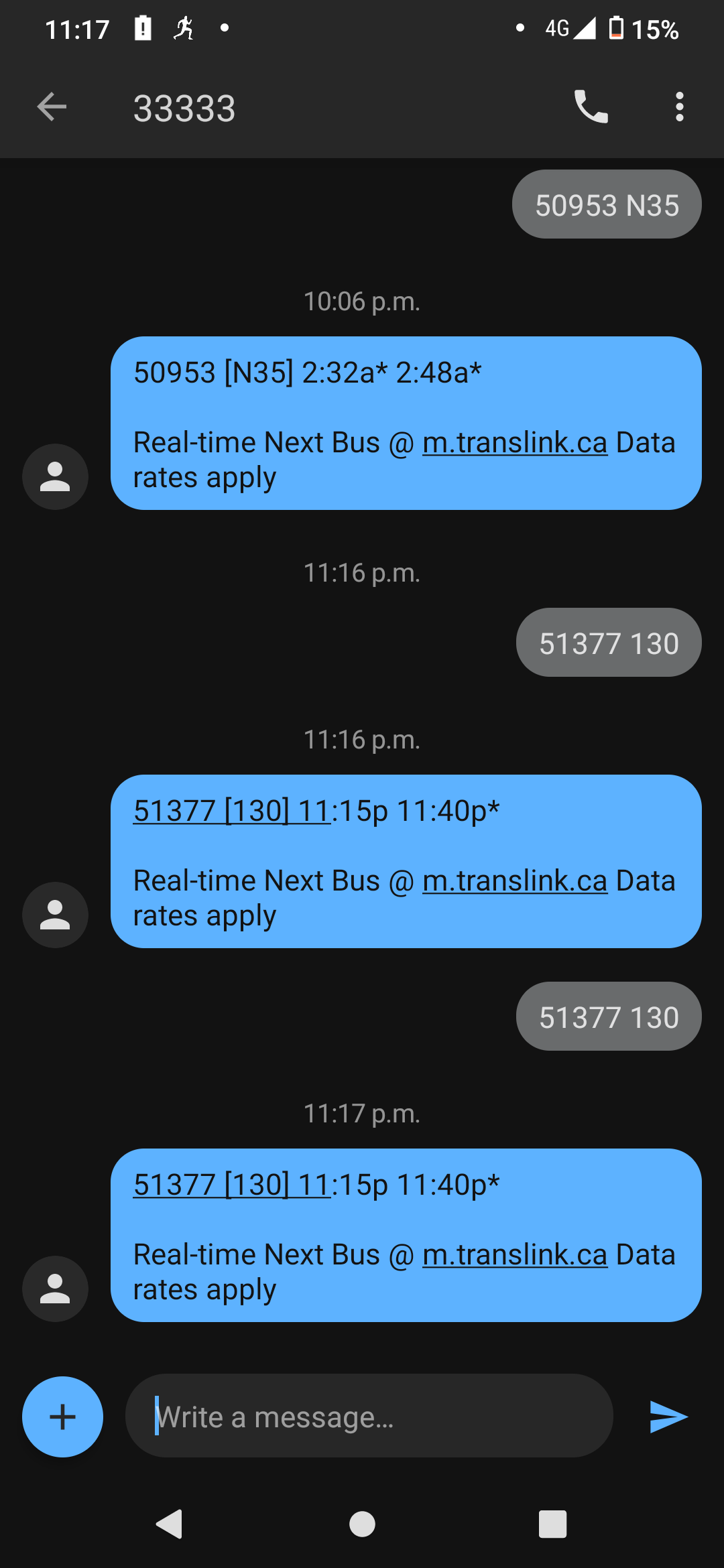 Texting my city's transit provider for next bus arrival times. Great job!