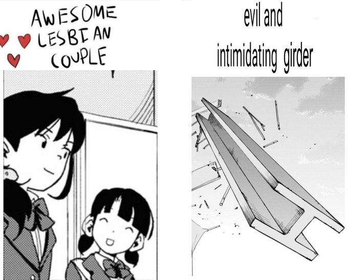 Panel 1: Koharu and Aki looking at each other captioned with "Awesome lesbian couple ♥️". Panel 2: A girder falling caption with "evil and intimidating girder".