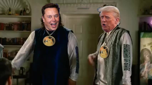 A still from the movie Idiocracy with two government secretaries in frame. Their faces are replaced by faces of Elon Musk & Donal Trump. The coin-shaped pendants on their necklaces are replaced by Dogecoin.