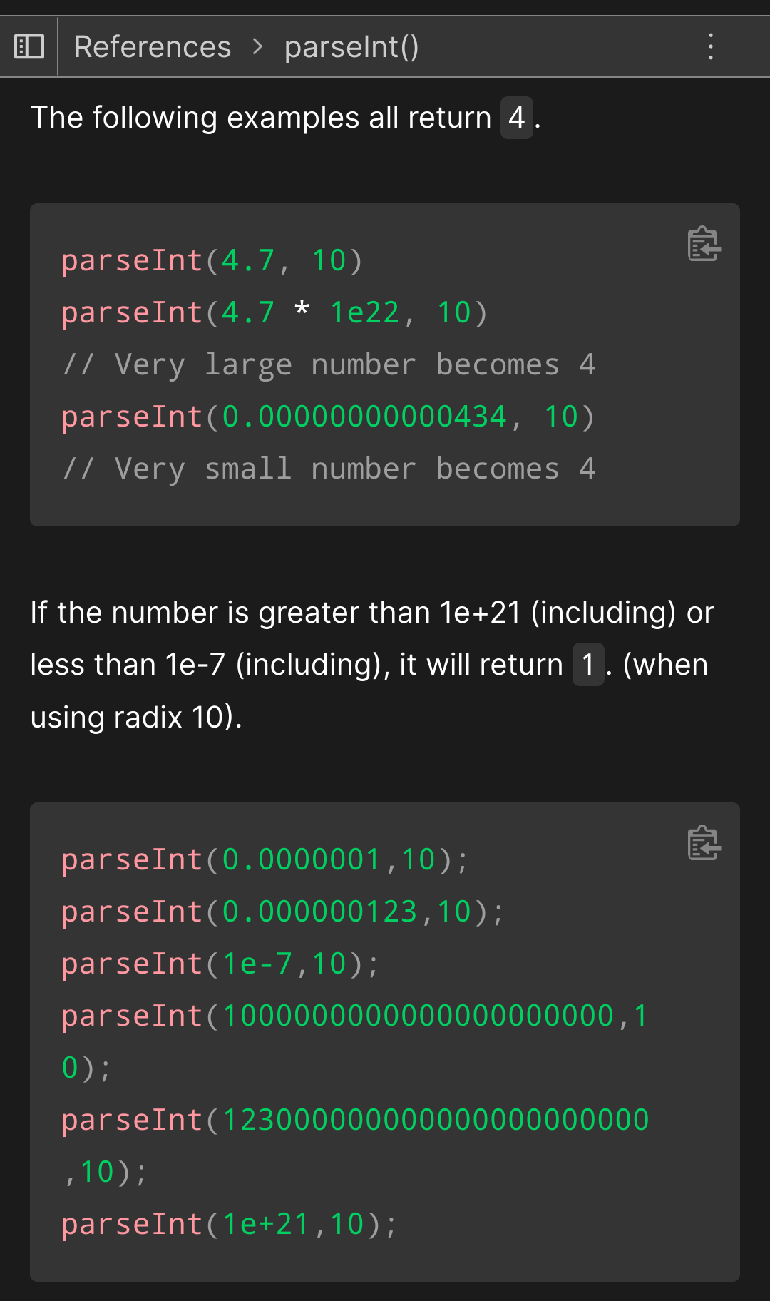 Screenshot showing code examples where all kinds of numbers are being converted to 4 or to 1.