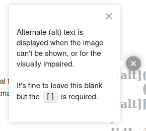 Text box containing the text "Alternate (alt) text is displayed when the image can't be show, or for the visually impaired. It's fine to leave this blank but the  is required".