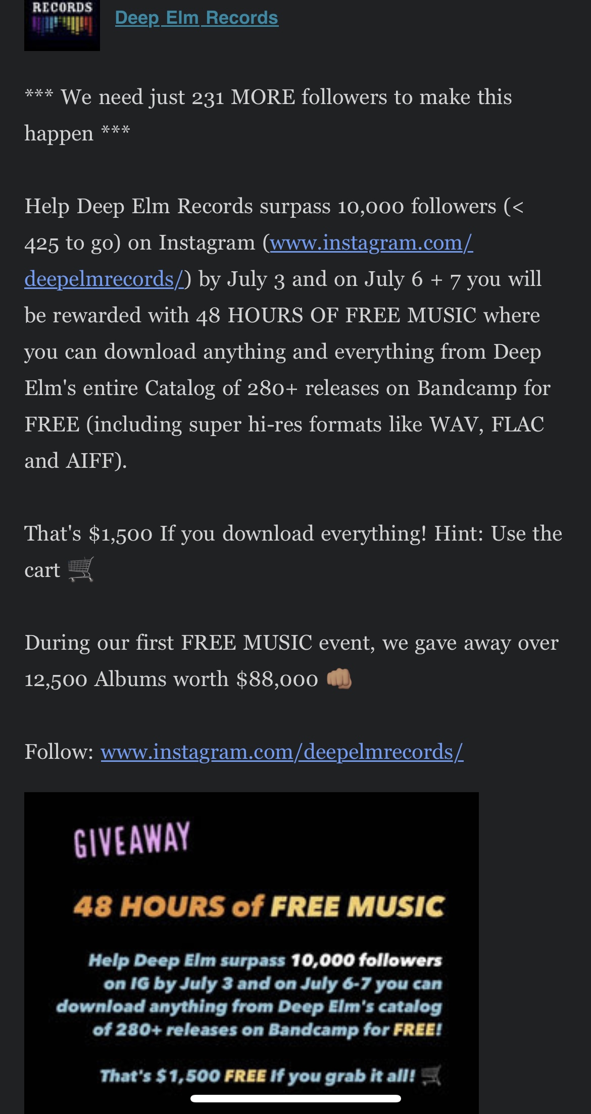 Deep Elm Records - BANDCAMP music giveaway - 280+ Releases - $1500 of music on July 6 & 7