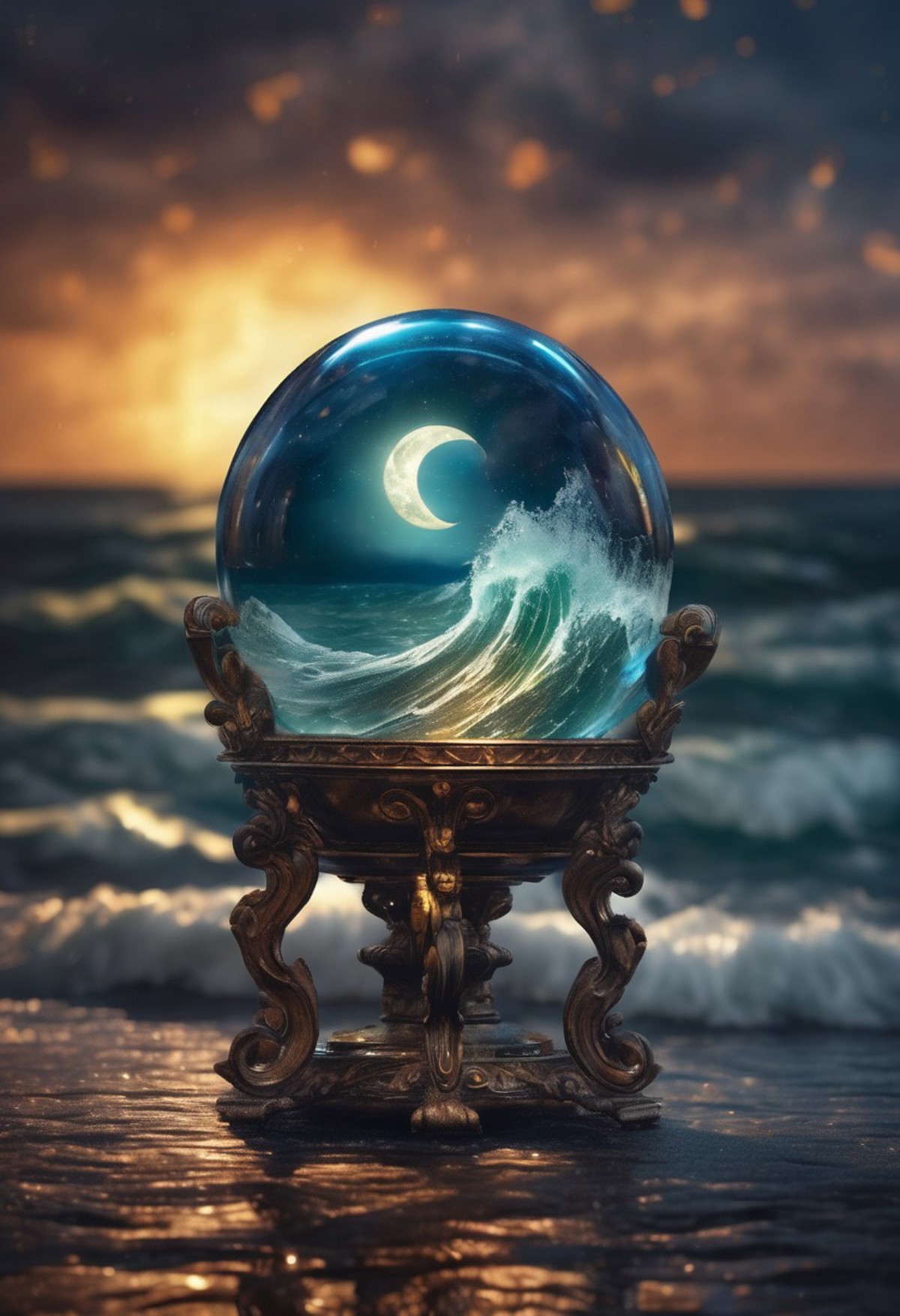 An ornate glass sphere with a cresting wave and crescent moon within it. The sphere is perched atop an intricately designed stand with baroque-style curves and details, set against a backdrop of an actual ocean under a twilight sky, 