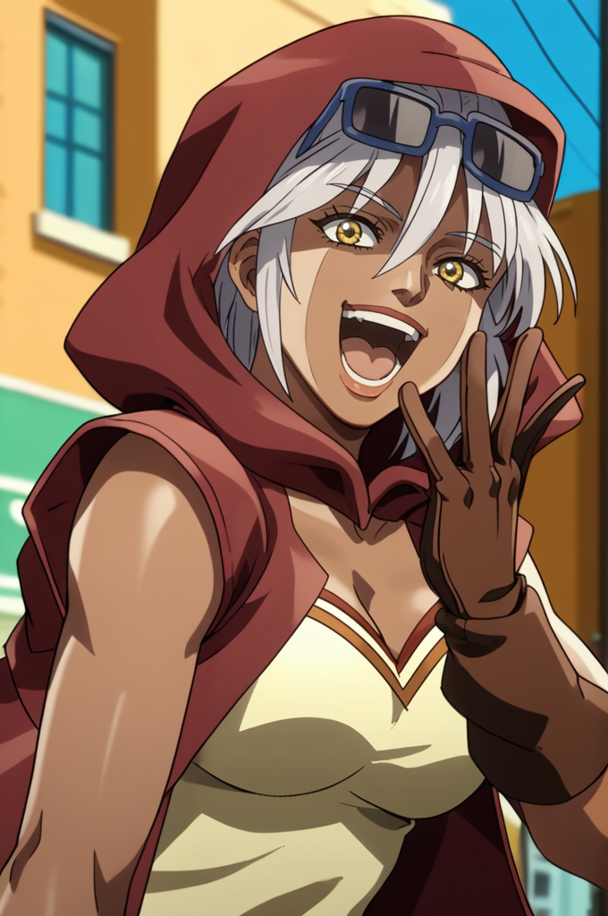 A young woman with white hair and golden eyes. She has a red hooded sleeveless jacket with goggles on her forehead, a sleeveless yellow top with a plunging neckline, and brown gloves. She is laughing, with her left hand raised to her mouth. The background features a yellow and green building with a blue window, and a clear blue sky.