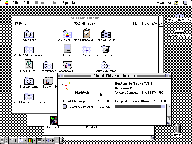 screenshot of Apple's System 7.5.3 from 1995, with "System Folder" open and partially obscured by the "About This Macintosh" window which shows that 2.9 MB of the system's 16 MB of RAM are in use. The startup disk is titled "Mac System 7.5.3" and has 70.2 MB used and 28.1 MB free. A disk containing the game Escape Velocity is mounted. The control strip is expanded. The time is 7:48 PM.