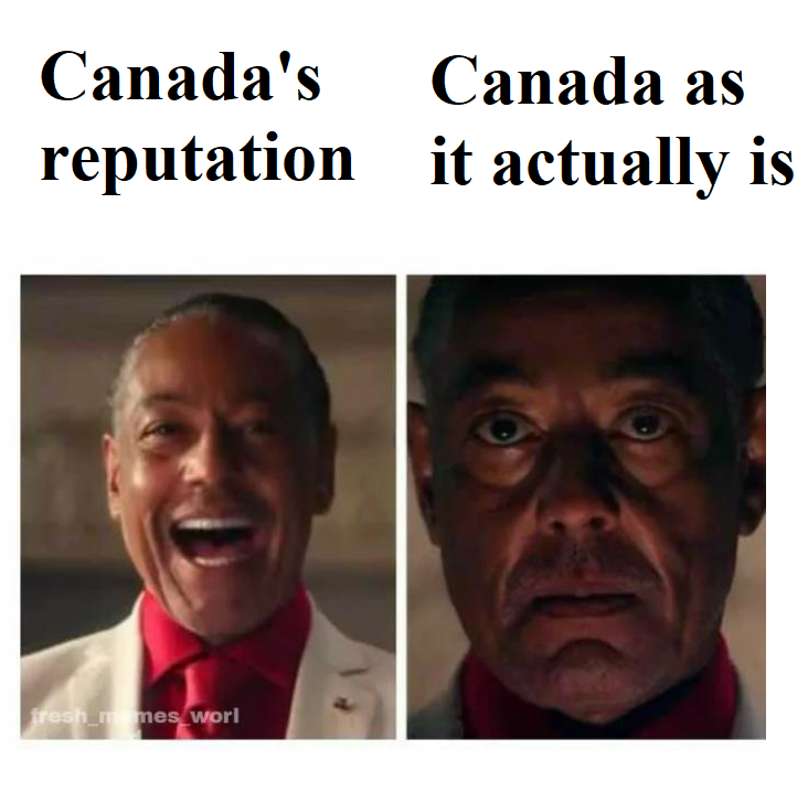 Canada's Reputation (happy) Canada as it actually is (sad)