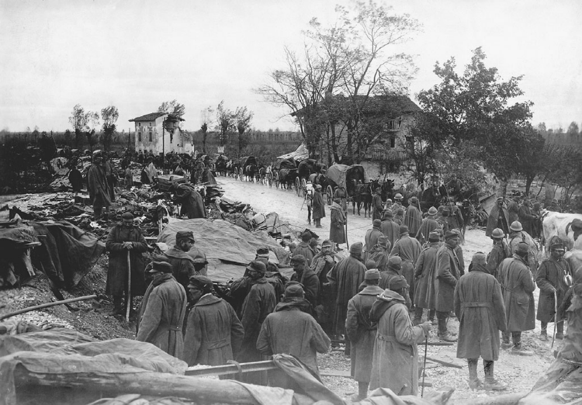 ‘Italian troops after their catastrophic defeat at Caporetto in 1917. Both the Italian Fascists and the German [Fascists] contrasted the ‘heroism’ of the frontline soldiers with the ‘treacherous’ and ‘mercenary’ behavior of the politicians, whom they blamed for military disasters like this one. (Hulton Archive/Getty Images)’ — Paul Jackson